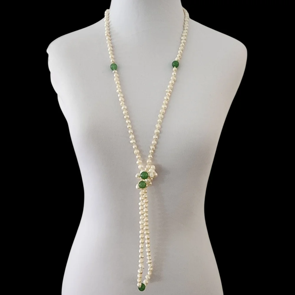 Extra long pearl necklace with green apple quartz hand knotted pearls L511 -Q5